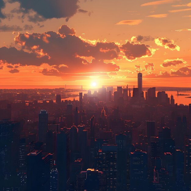 Photo sunset over a bustling city skyline a striking image detailing the golden hues of a sunset descending behind a silhouette of a city39s defining skyline