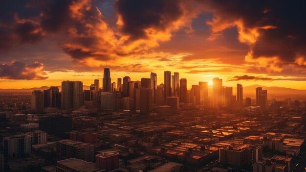 Photo sunset over a bustling city skyline with radiant clouds and light casting a golden hue over the buildings