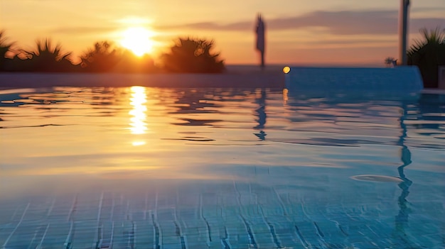 Photo sunset by the pool a magical moment of sunset reflected in a crystal clear pool