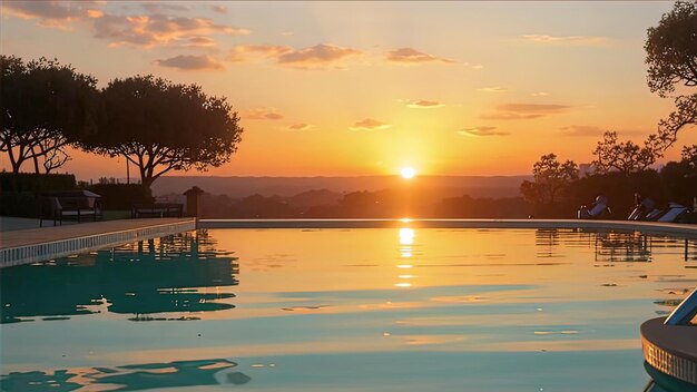 Sunset by the pool a magical moment of sunset reflected in a crystal clear pool