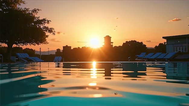 Sunset by the pool a magical moment of sunset reflected in a crystal clear pool