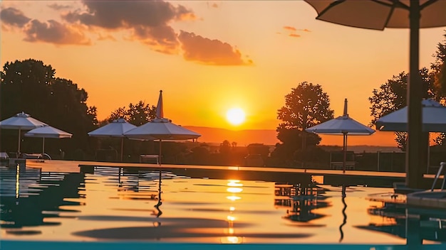 Sunset by the pool a magical moment of sunset reflected in a crystal clear pool