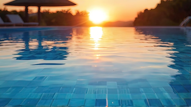 Sunset by the pool a magical moment of sunset reflected in a crystal clear pool