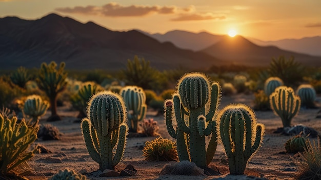 Photo sunset over cactus garden