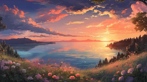 Sunset over calm lake with vibrant clouds ai generated 2D cartoon illustration