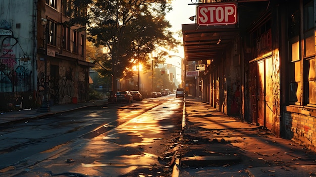 Sunset casting golden light on an empty urban street with long shadows highlighting a stop sign and vintage buildings