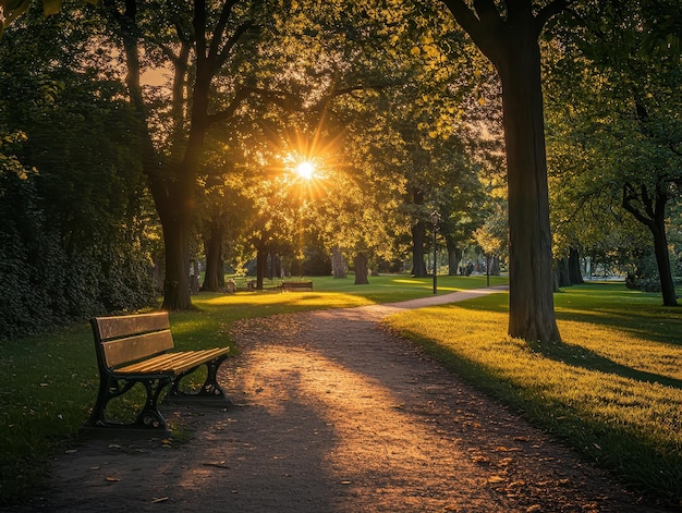 Photo sunset casting golden light over a peaceful park