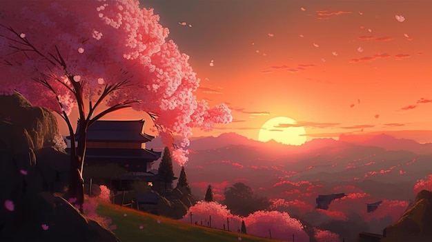 Sunset and cherry blooms digital art illustration Generative AI