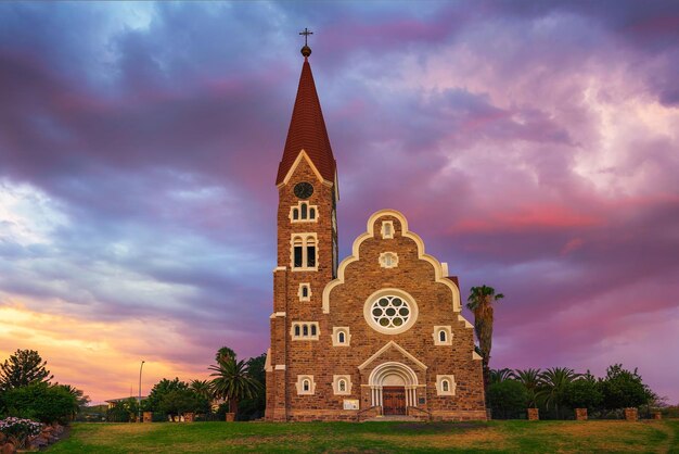 Sunset above Christchurch a historic lutheran church in Windhoek Namibia