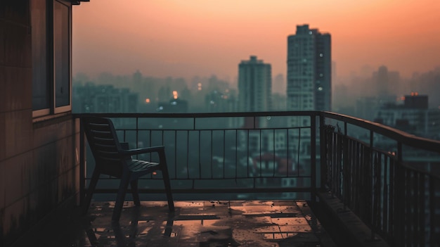 Sunset over the City on simplistic balcony with single chair and single chair