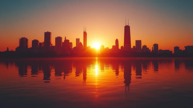 Photo sunset over city skyline reflected in water