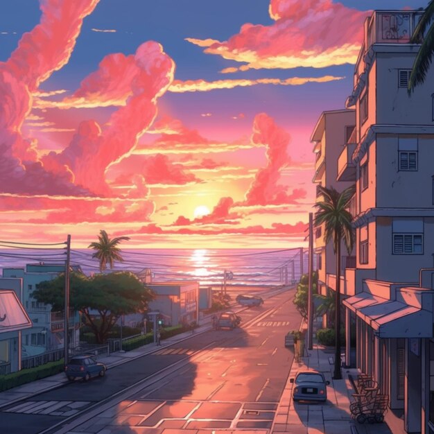 sunset over a city street with cars and palm trees generative ai