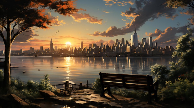 sunset over a city with a bench overlooking the water generated by AI