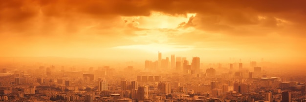 A sunset over a city with a large building in the background