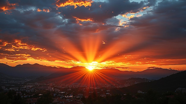 sunset over a city with a mountain in the background