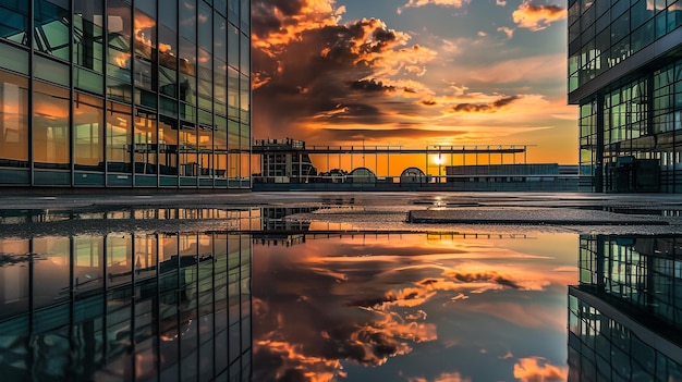 Photo a sunset over a city with a reflection of the building in the water