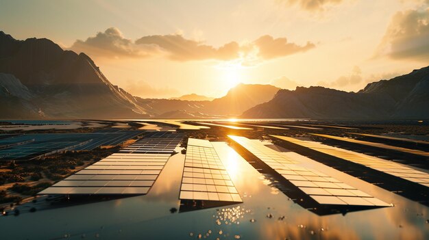 a sunset over a city with a reflection of mountains in the water