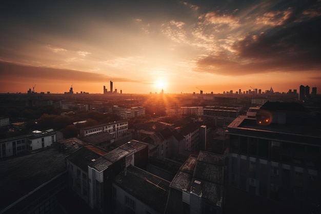 A sunset over a city with the sun setting behind it