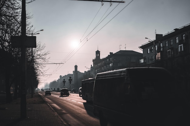 Sunset in the city with traffic architecture silhouettes of Europe Landscape