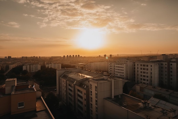 A sunset over a city with a yellow sky