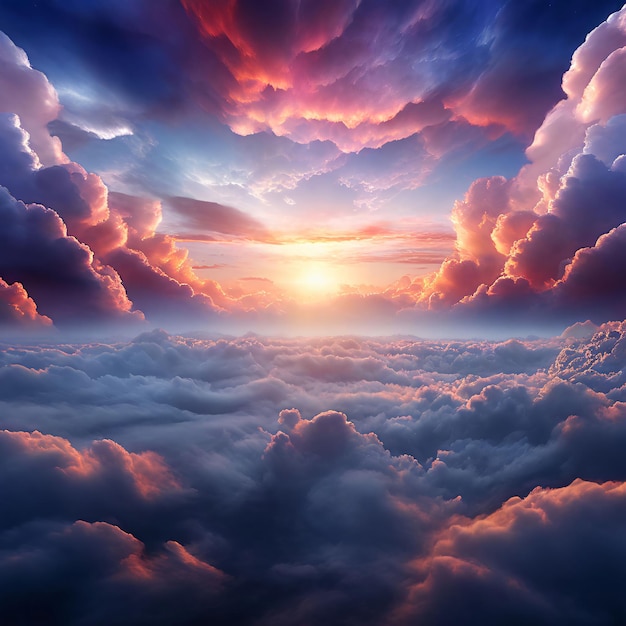 a sunset over the clouds with the sun setting behind them