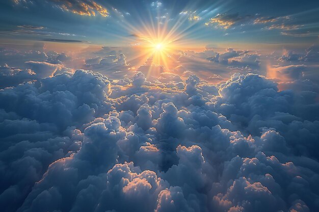 a sunset over the clouds with the sun shining through the clouds