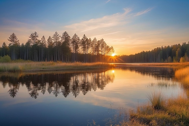 sunset at coast of the lake Nature landscape Nature in northern Europe reflection blue sky and yellow sunlight landscape during sunset