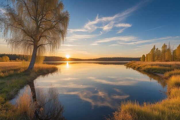 sunset at coast of the lake Nature landscape Nature in northern Europe reflection blue sky and yellow sunlight landscape during sunset