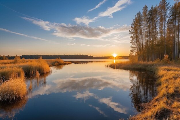 sunset at coast of the lake Nature landscape Nature in northern Europe reflection blue sky and yellow sunlight landscape during sunset