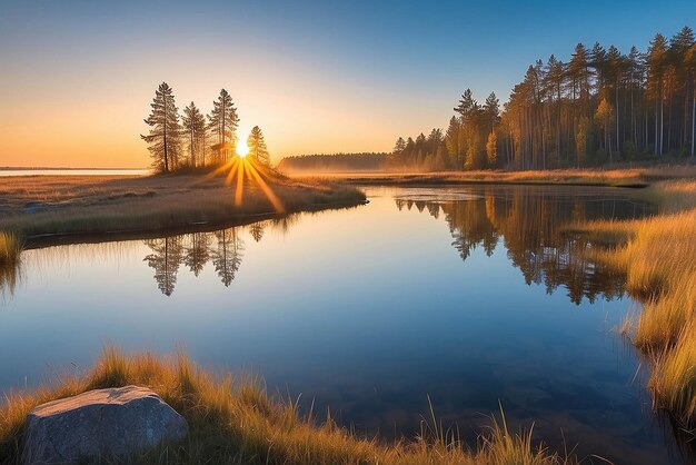 sunset at coast of the lake Nature landscape Nature in northern Europe reflection blue sky and yellow sunlight landscape during sunset