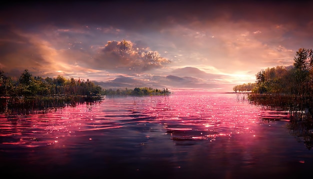 Sunset at coast of the lake Nature landscape Nature in northern Europe reflection landscape during sunset 3d render Raster illustration