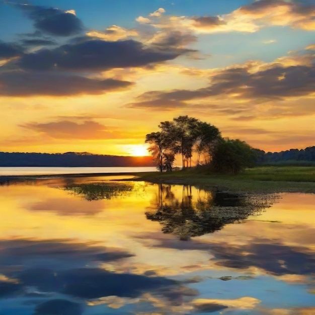 sunset at the coast of the lake Nature landscape reflection blue sky and yellow sunlight