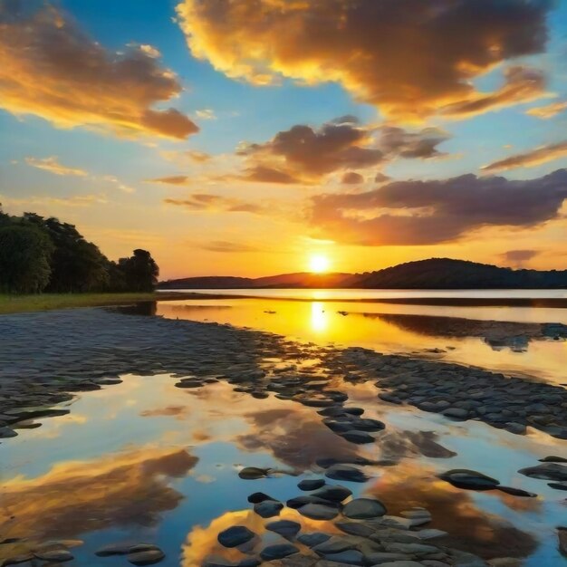 sunset at the coast of the lake Nature landscape reflection blue sky and yellow sunlight