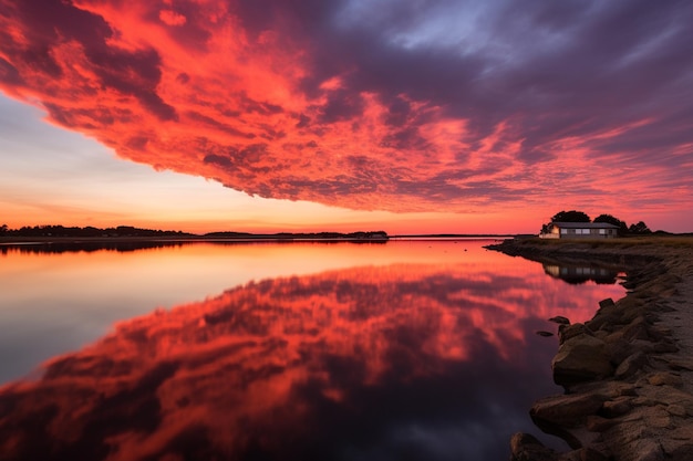 Sunset Over Coastal Waters Fiery Orange Sky