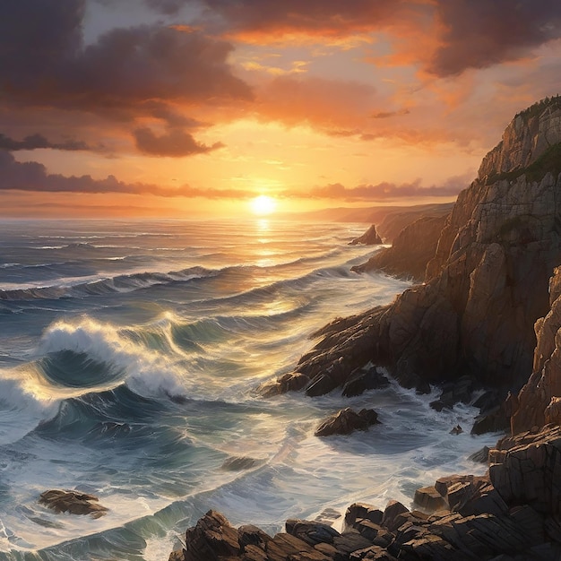 Photo sunset over the coastline waves breaking on rocky cliffs