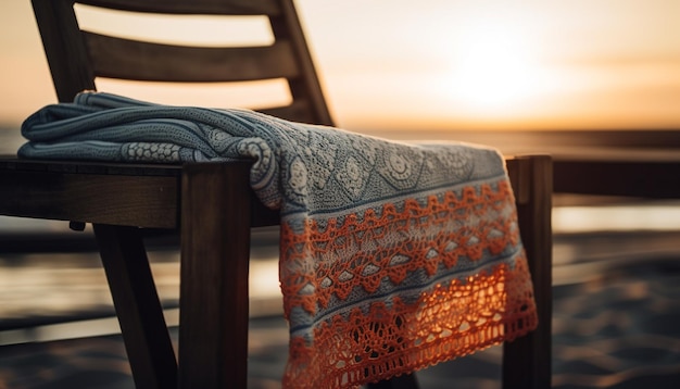 Sunset comfort on wooden chair wool pillow generated by AI