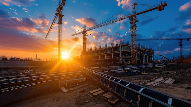 Sunset at construction site building with steel beams