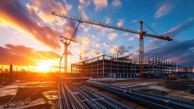 Sunset at construction site building with steel beams