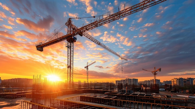 Sunset at construction site building with steel beams