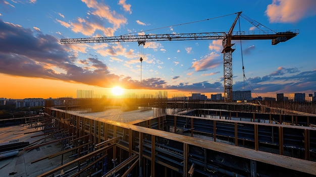 Sunset at construction site building with steel beams