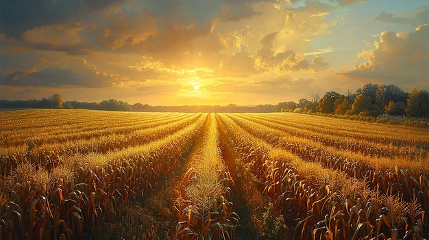 a sunset over a corn field with the sun setting behind it