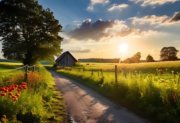 Photo sunset over a country road with a wooden shed