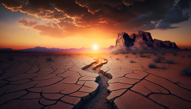 A sunset over a cracked desert with a river in the middle.