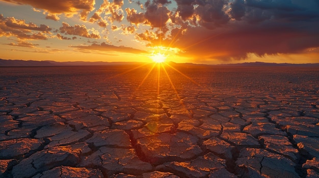 Sunset over cracked earth in desert during dry spell