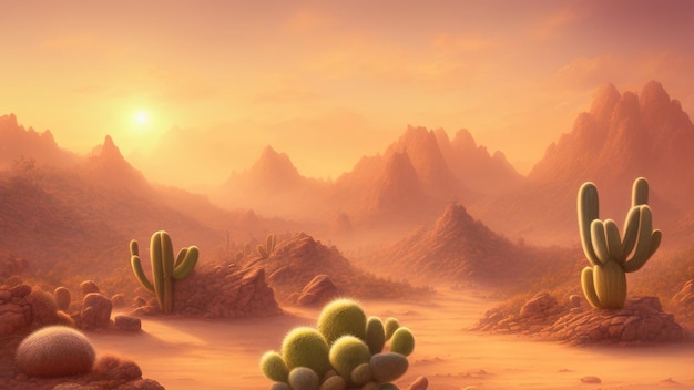 Sunset in desert landscape concept in flat cartoon design