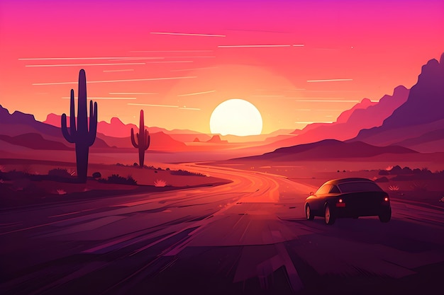 Sunset on the desert with a car on the road