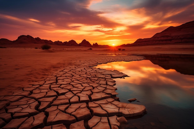 Sunset over a desert with dry and cracked earth Landscape of a drying lake