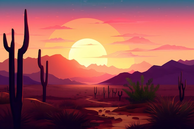 Sunset in the desert with mountains and cactuses