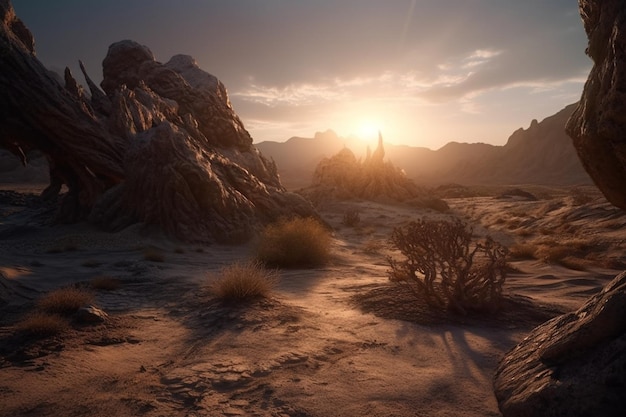 Sunset in the desert with rocks and mountains in the background