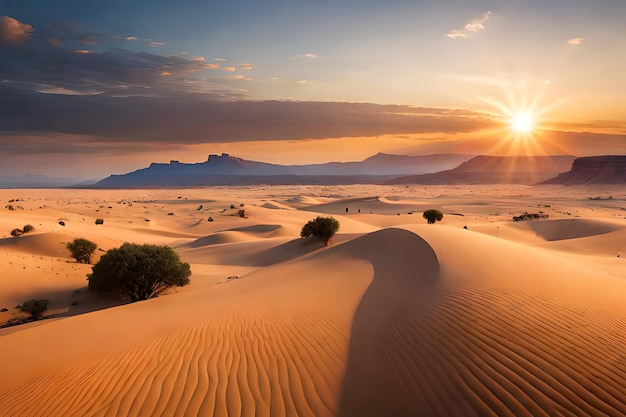 A sunset in the desert with a sand dune and a mountain in the background